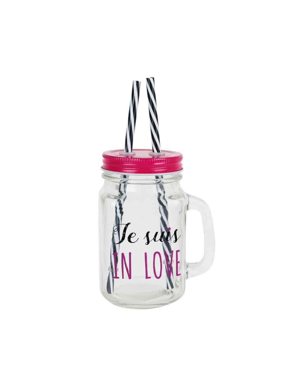 Mason jar Je suis in Love avec deux pailles