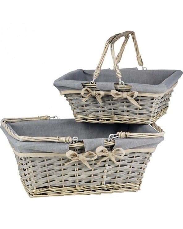 Panier osier bois gris tissu gris et beige avec anses