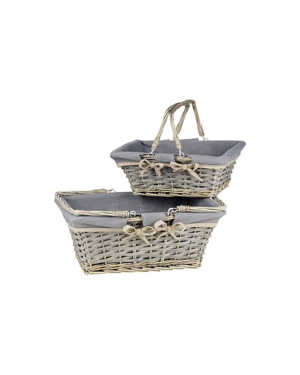 Panier osier bois gris tissu gris et beige avec anses