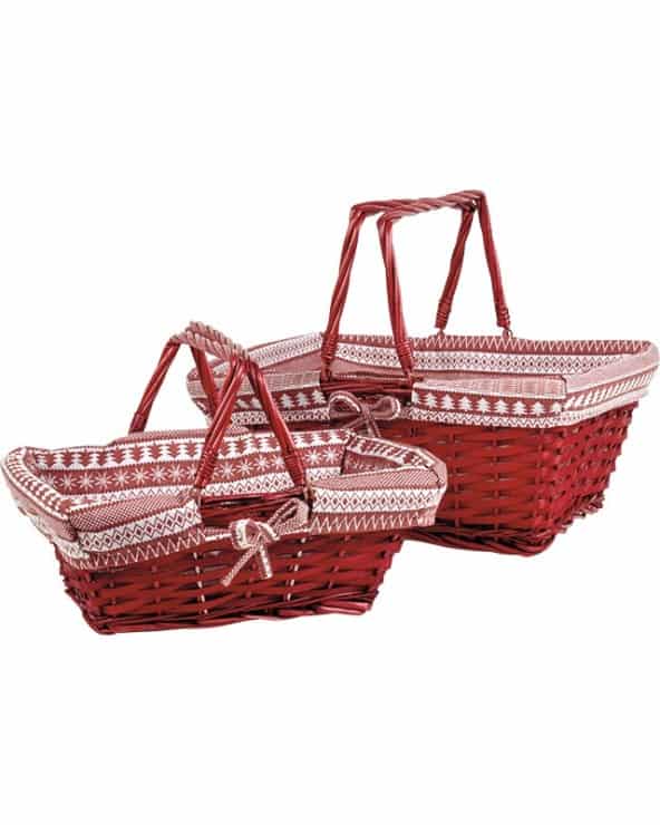 Panier osier/bois rectangle rouge tissu motifs blanc/rouge anses rabattables