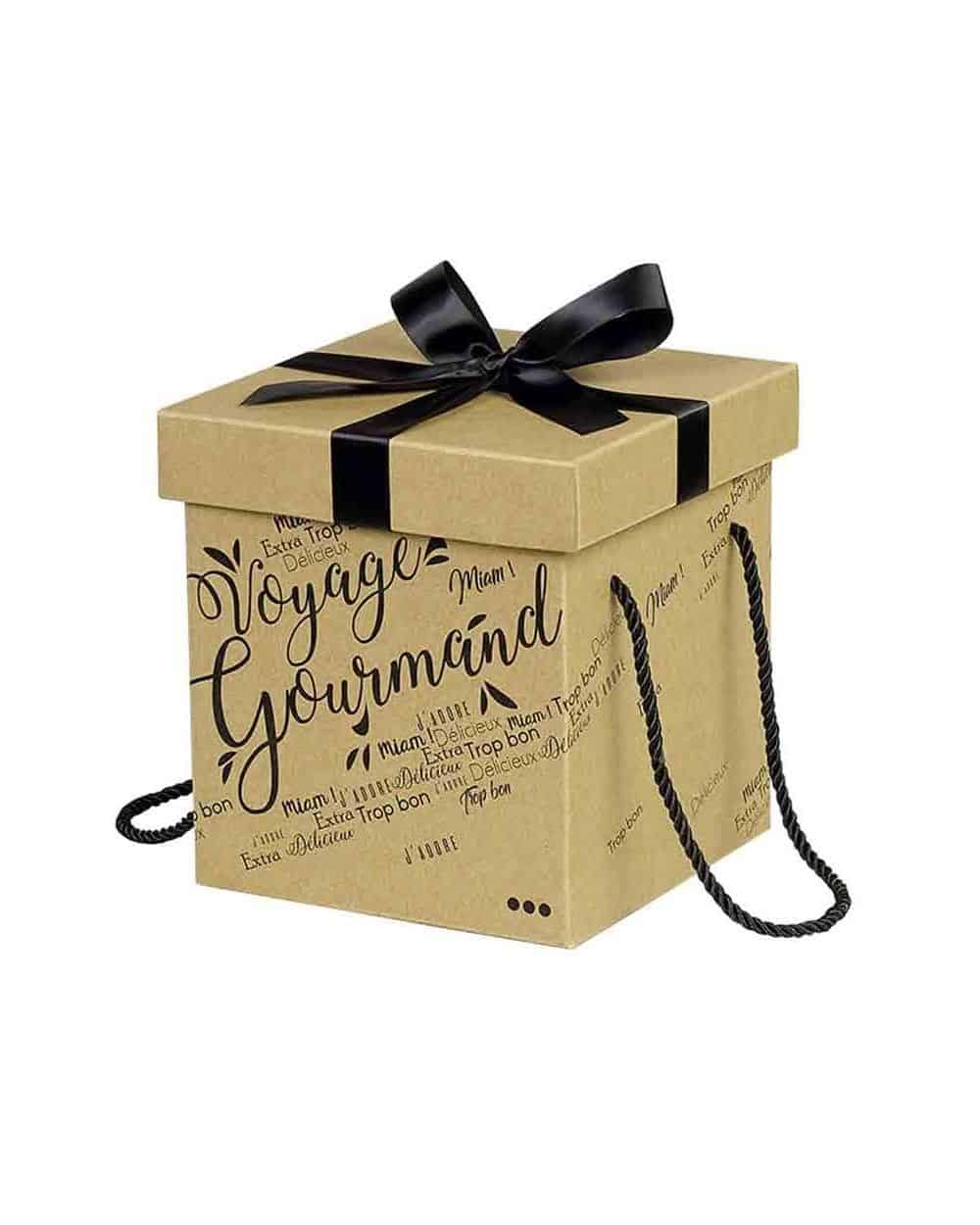 Coffret carton kraft carré Voyage Gourmand noir noeud satin/cordelettes coloris noir