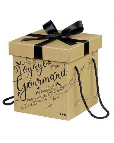 Coffret carton kraft carré Voyage Gourmand noir noeud satin/cordelettes coloris noir