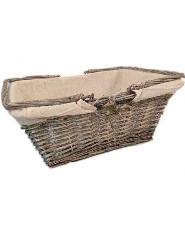 Panier en osier tissus beige et liseré feuilles anses rabattables