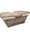 Panier en osier tissus beige et liseré feuilles anses rabattables