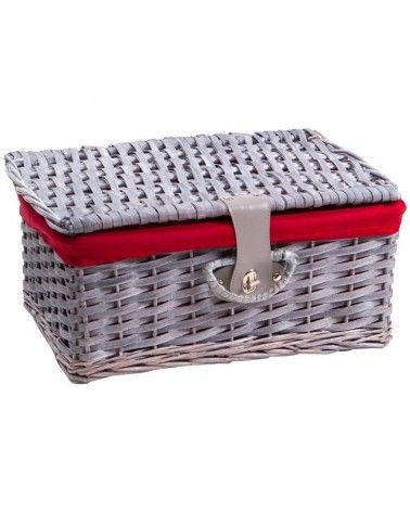 VALISE OSIER ET BOIS GRIS DOUBLEE TISSU BORDEAUX