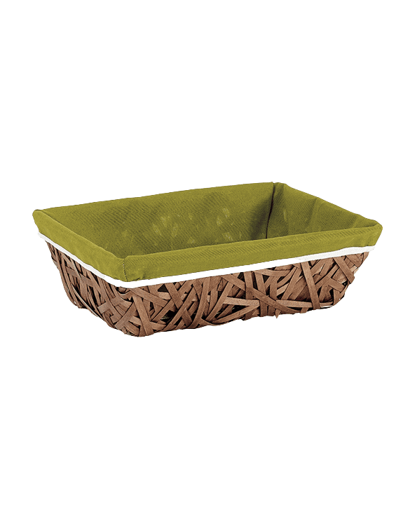 Corbeille bois rectangle marron/tissu vert liseré blanc