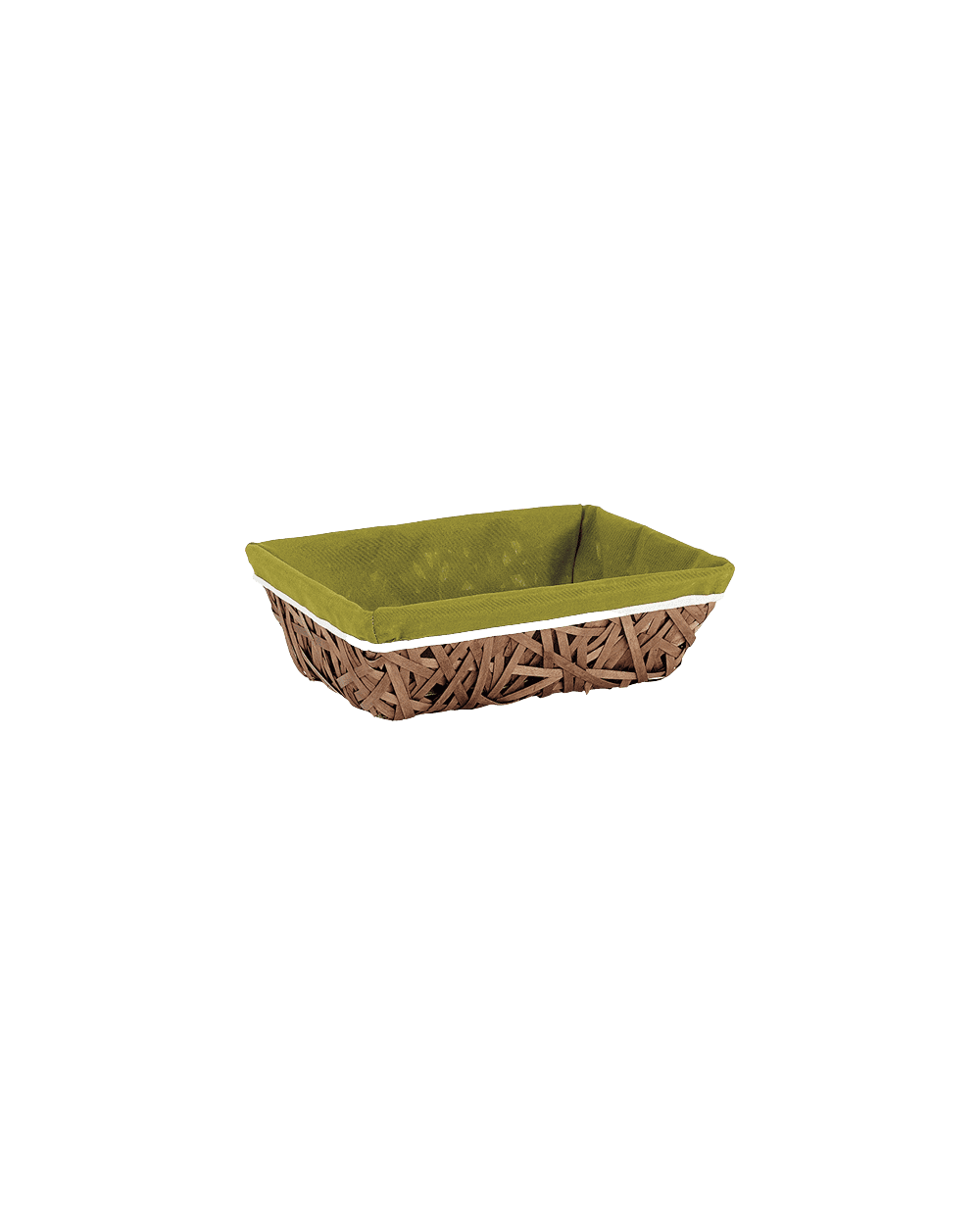 Corbeille bois rectangle marron/tissu vert liseré blanc