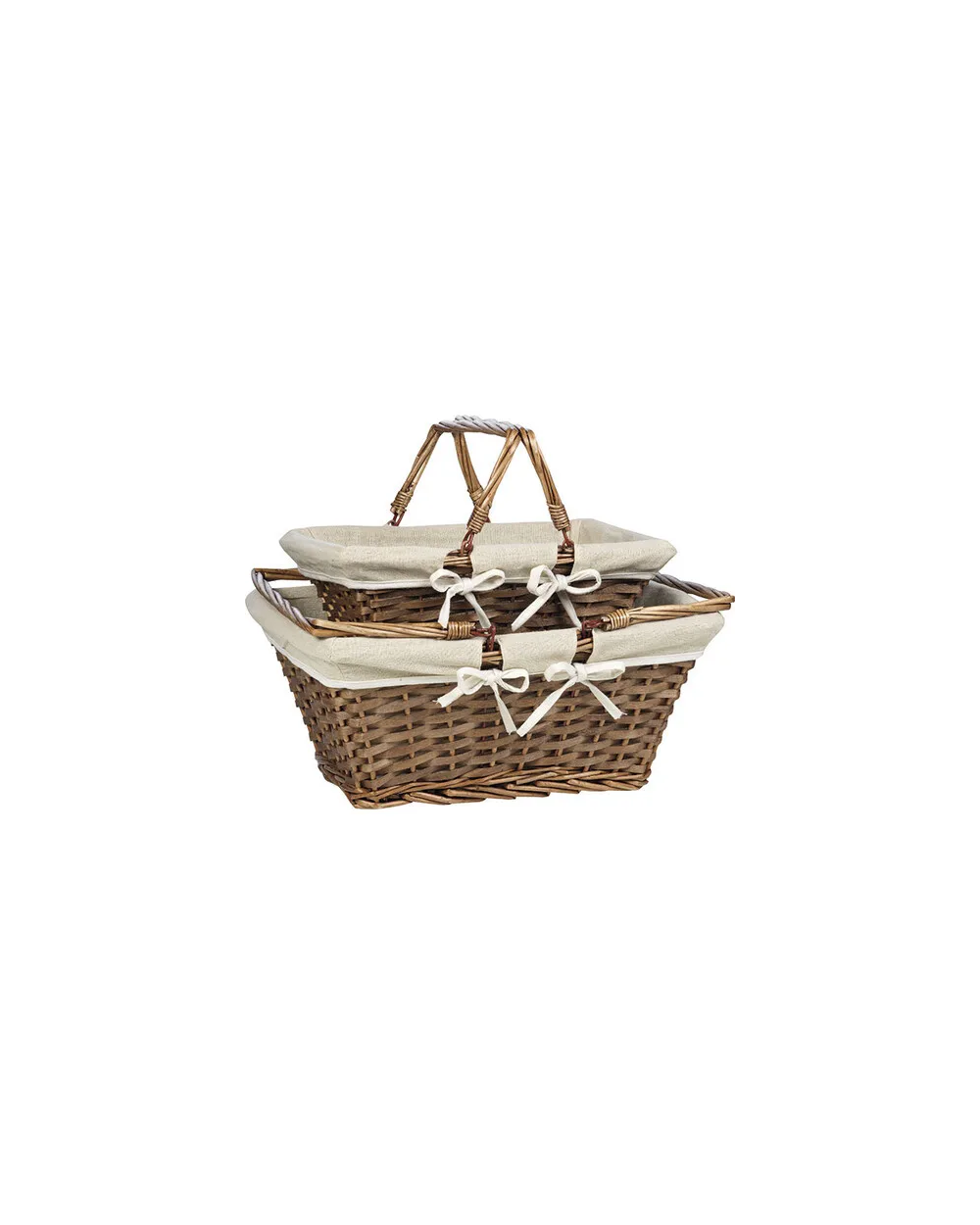Panier osier bois marron tissu beige avec anses