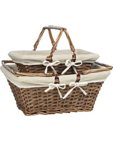 Panier osier bois marron tissu beige avec anses