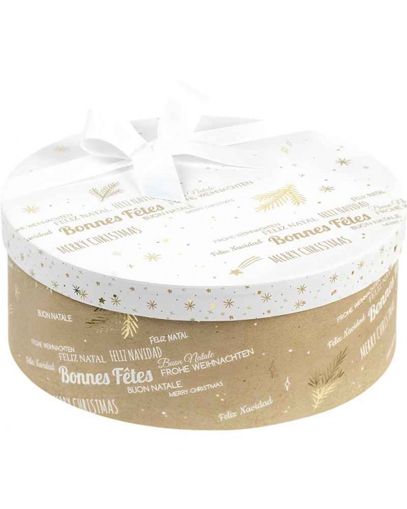 Coffret carton rond BONNES FÊTES kraft/blanc