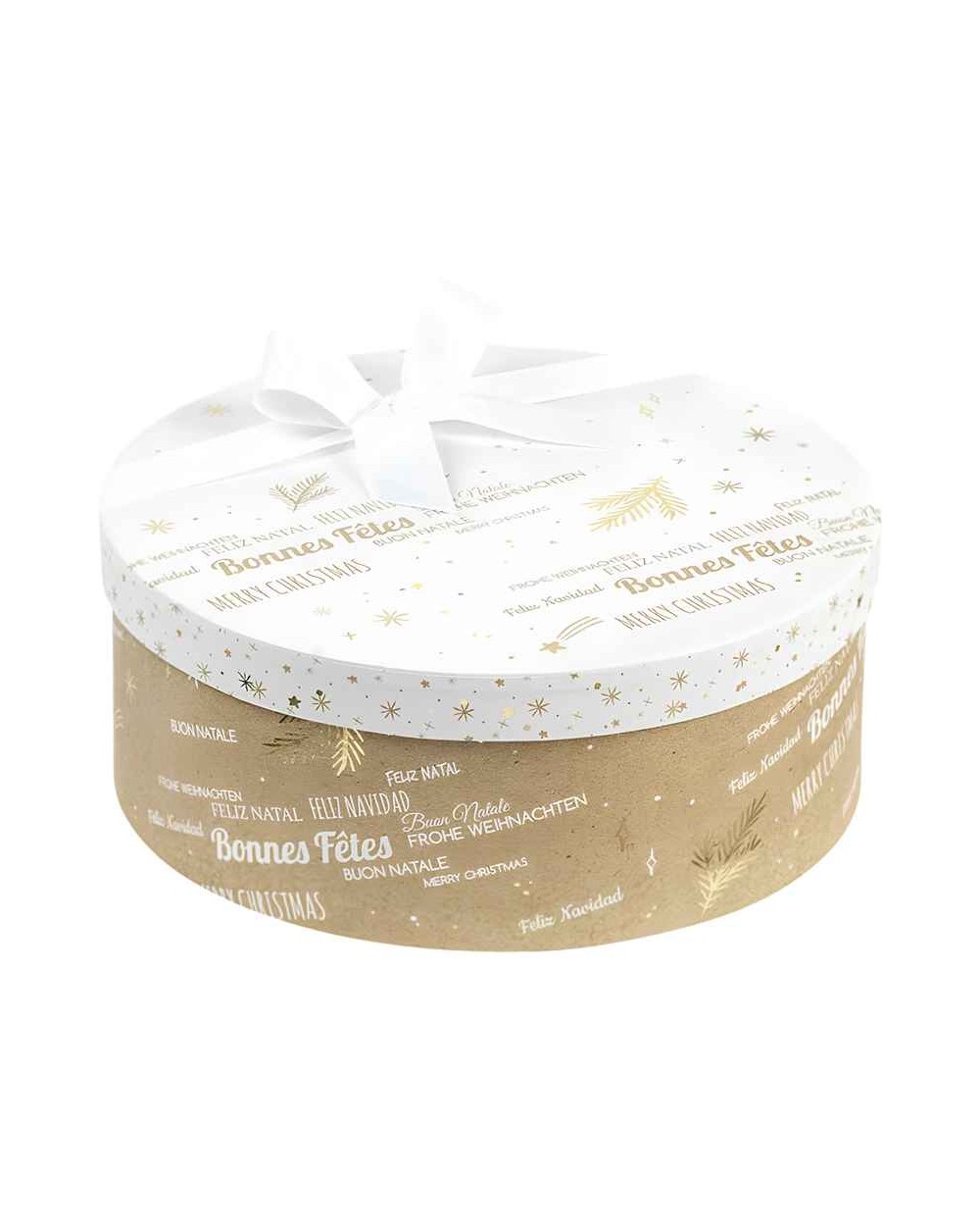 Coffret carton rond BONNES FÊTES kraft/blanc