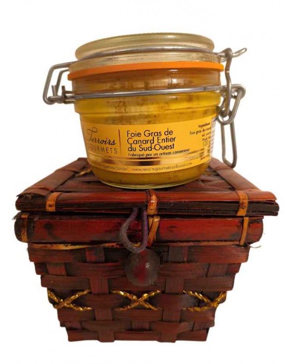 Foie gras de canard entier IGP du Sud-Ouest TG 120g et son coffret osier