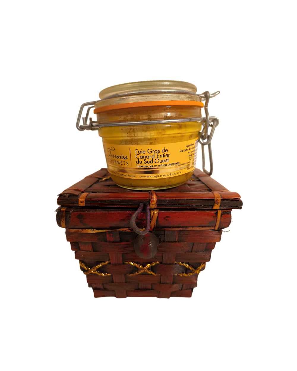Foie gras de canard entier IGP du Sud-Ouest TG 120g et son coffret osier