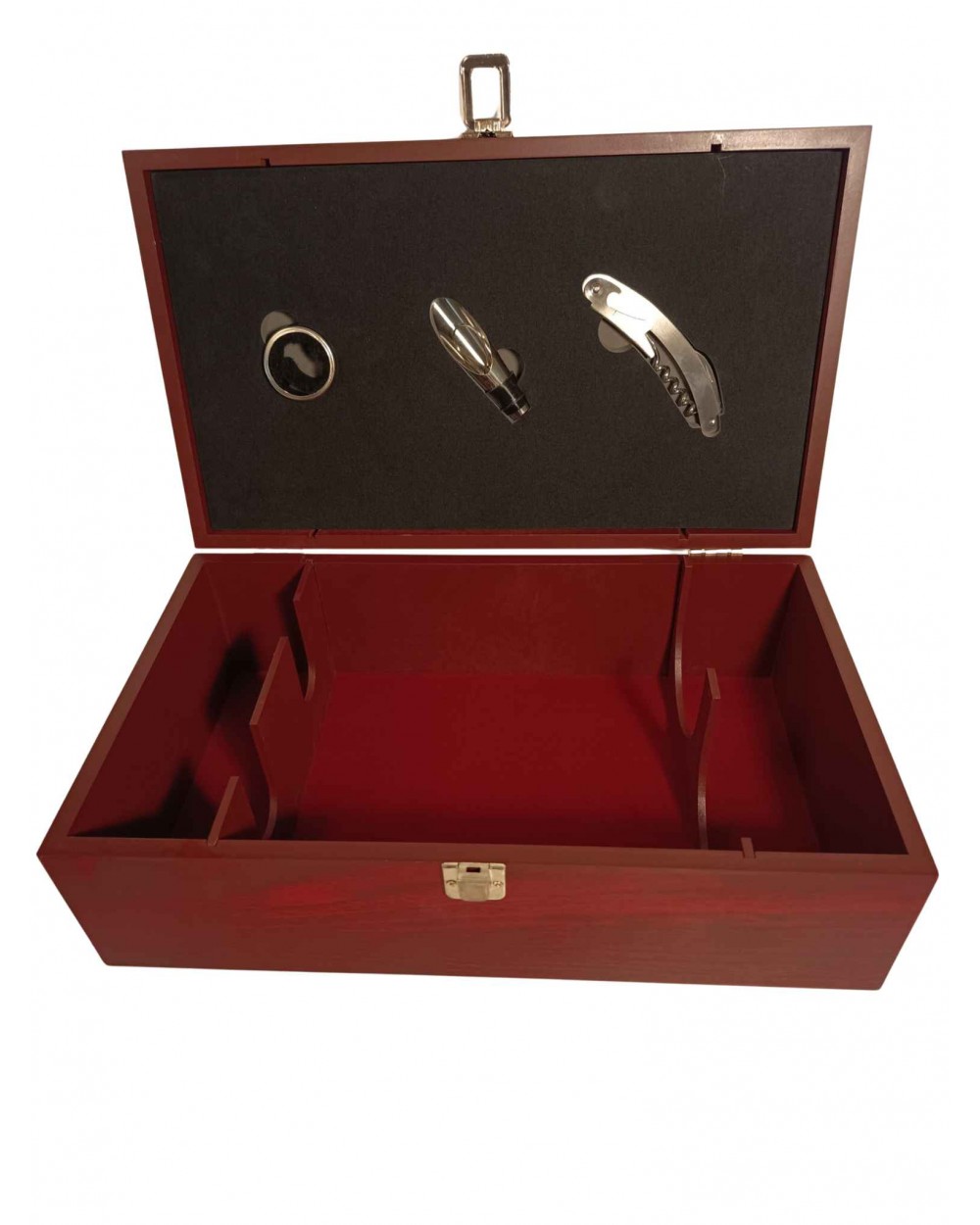 Coffret en bois rouge avec 3 ustensiles pour 2 bouteilles
