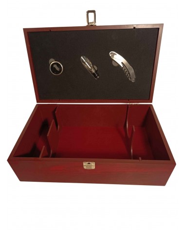 Coffret en bois rouge avec 3 ustensiles pour 2 bouteilles