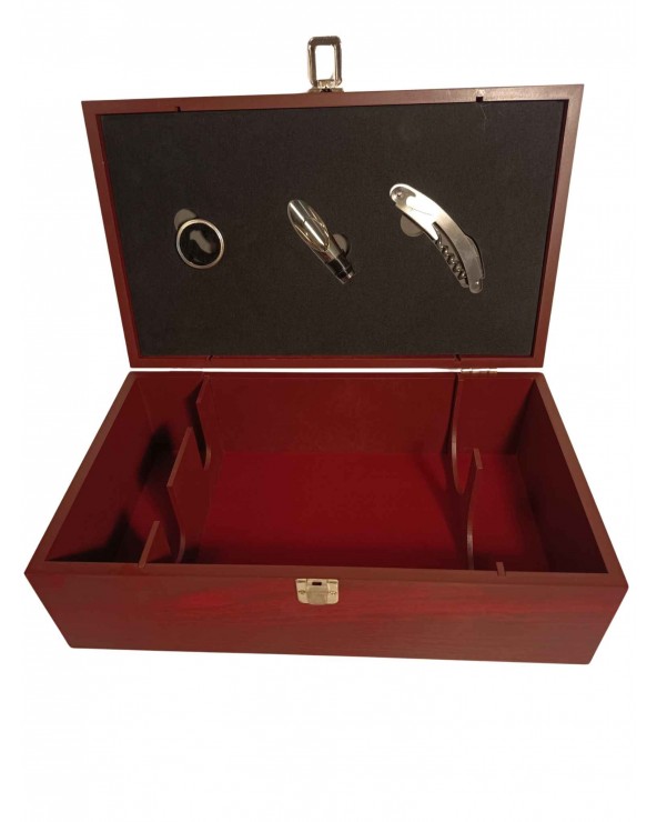 Coffret en bois rouge avec 3 ustensiles pour 2 bouteilles