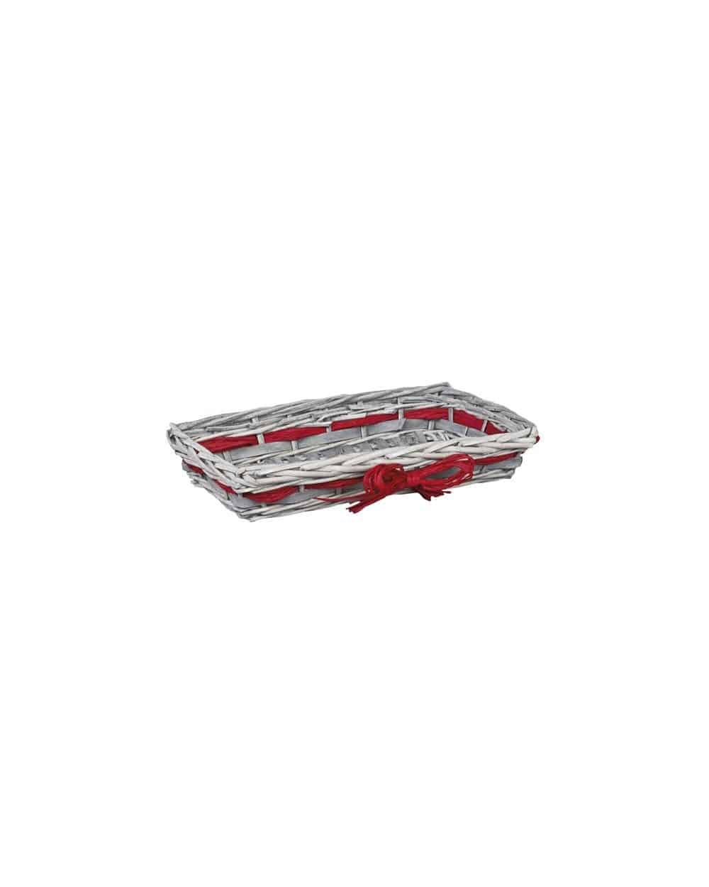 Corbeille rectangle osier et bois coloris gris avec raphia rouge petit modèle