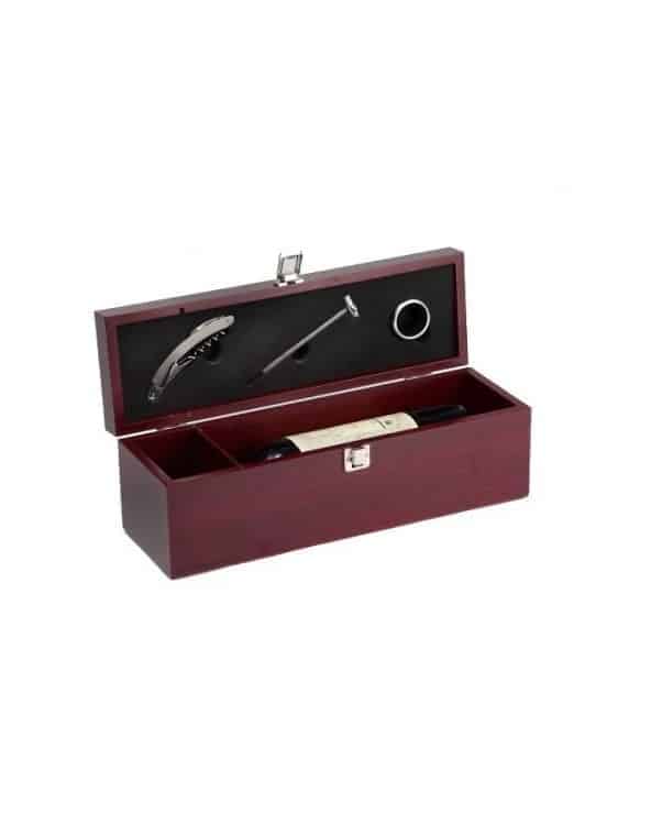 Coffret en bois rouge avec 3 ustensiles pour 1 bouteille